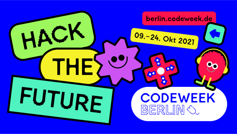 Werbegrafik zur Code Week. Zeitraum 9.-24. Oktober 2021. Webseite: berlin.codeweek.de