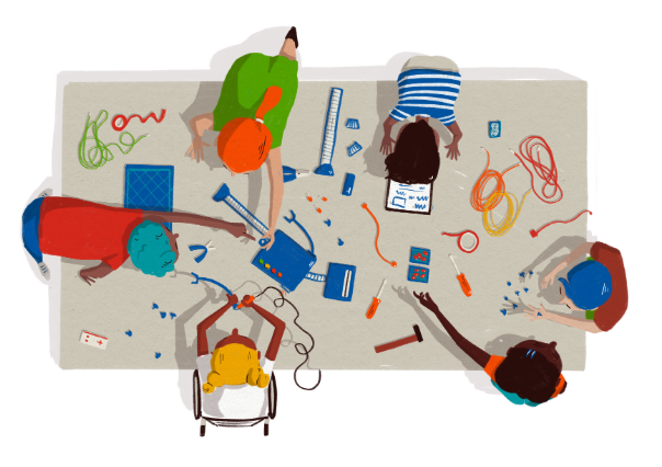 E: Illustration: aus Vogelperspektive sieht man einen Werktisch an dem eine Gruppe junger Menschen gemeinsam an einem Roboter t&uuml;ftelt.